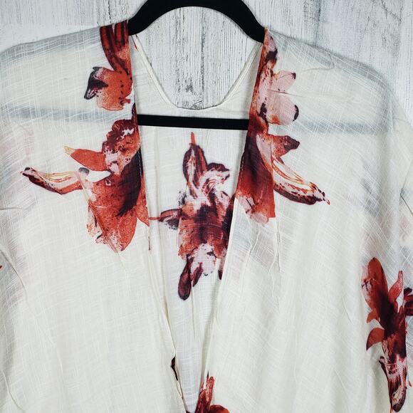 New White Ivory Floral Open Front Boho Flower Lightweight Kimono Womens One Size - Picture 2 of 11